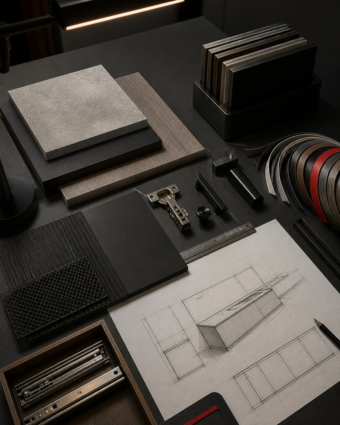 Woodworks material, hardware and technical sketch development board